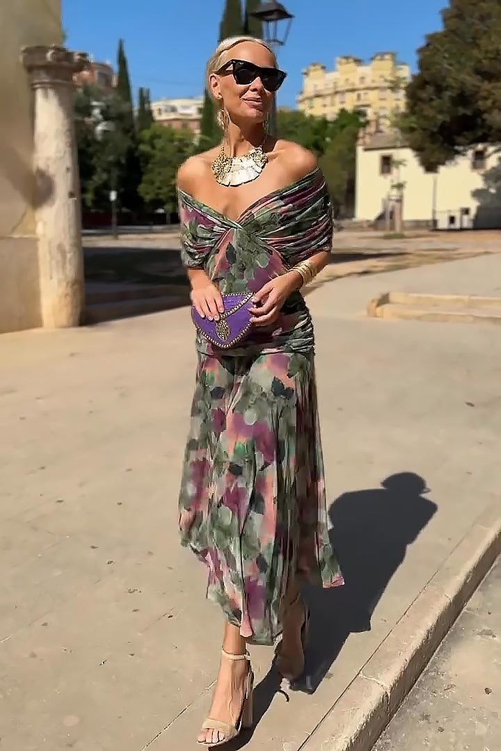 Catarina | Elegant V-neck Fantasy Painted Floral Print Party Maxi Dress