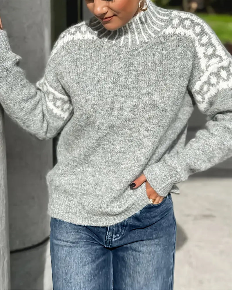 Feliz | High Neck Contrast Patterned Sweater