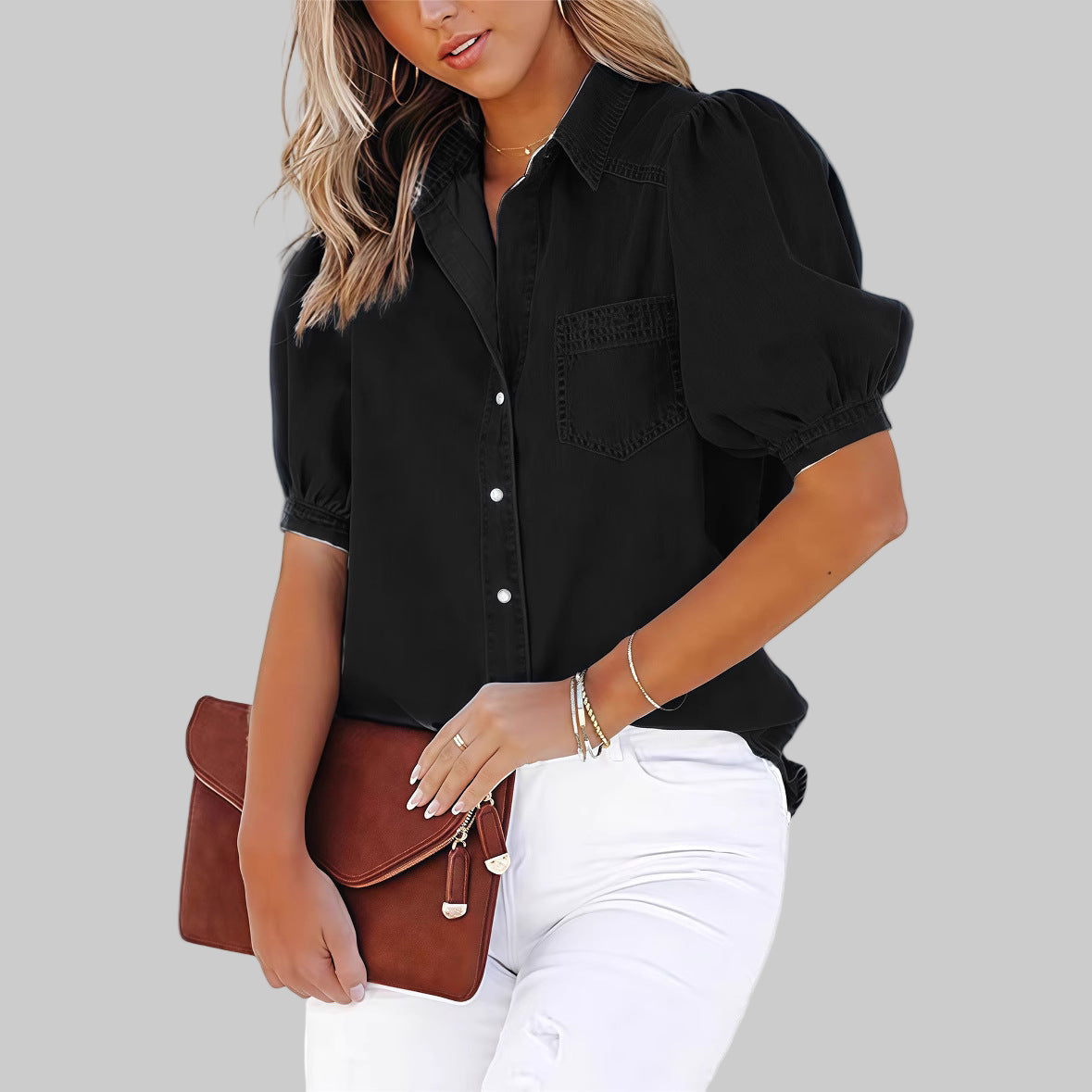Regina | Casual Bubble Sleeve Button Down Top