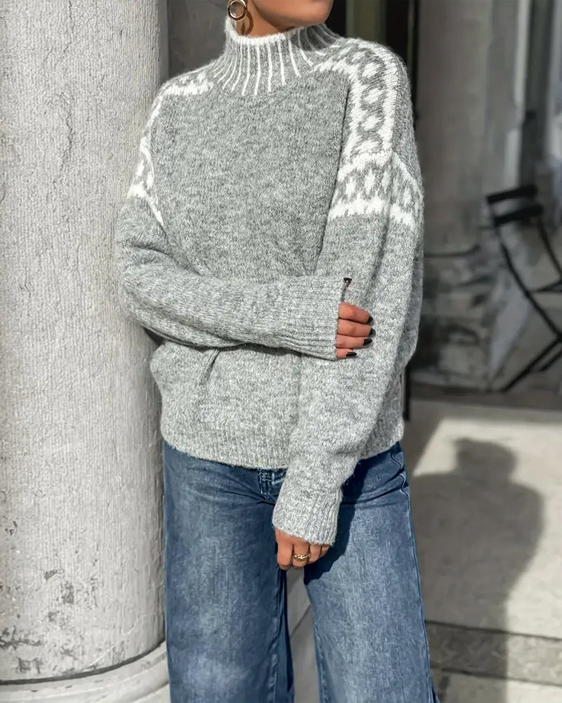 Feliz | High Neck Contrast Patterned Sweater