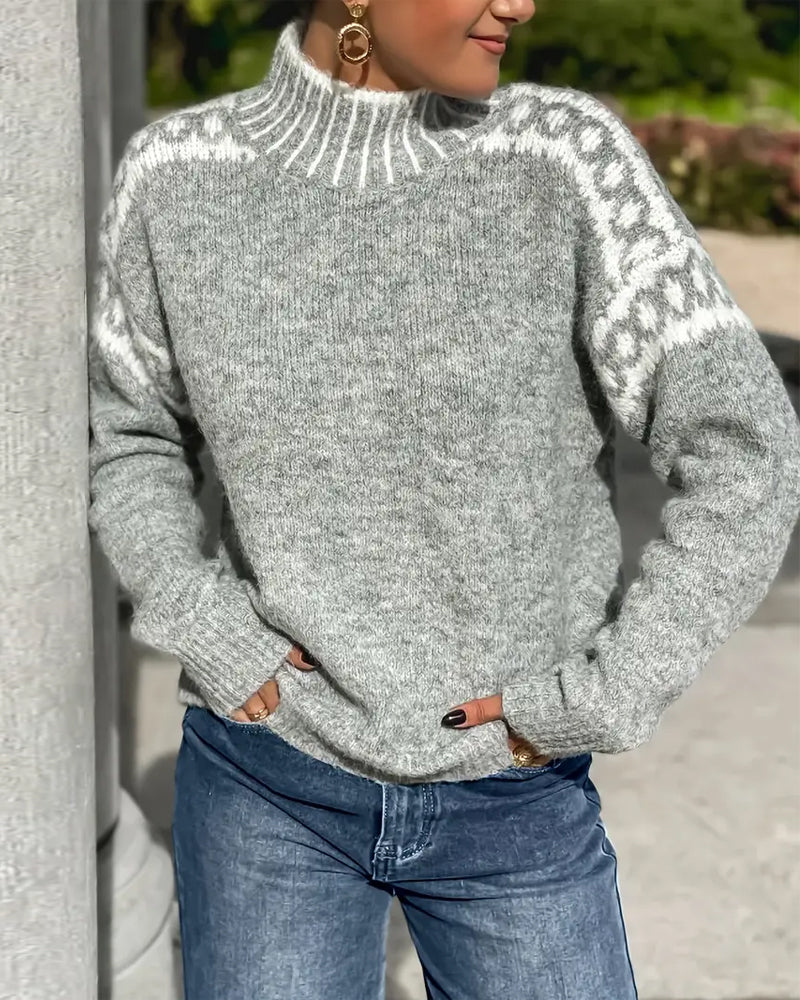 Feliz | High Neck Contrast Patterned Sweater
