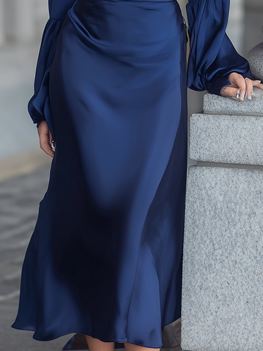 Mina | Navy Satin Turtleneck Midi Dress